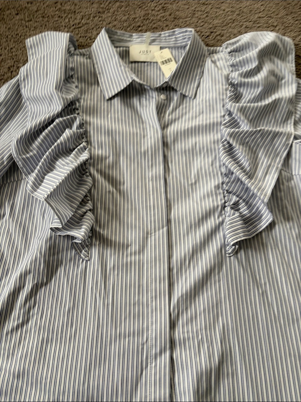 Just Female Blue and White Striped Ruffle Button-Down Shirt